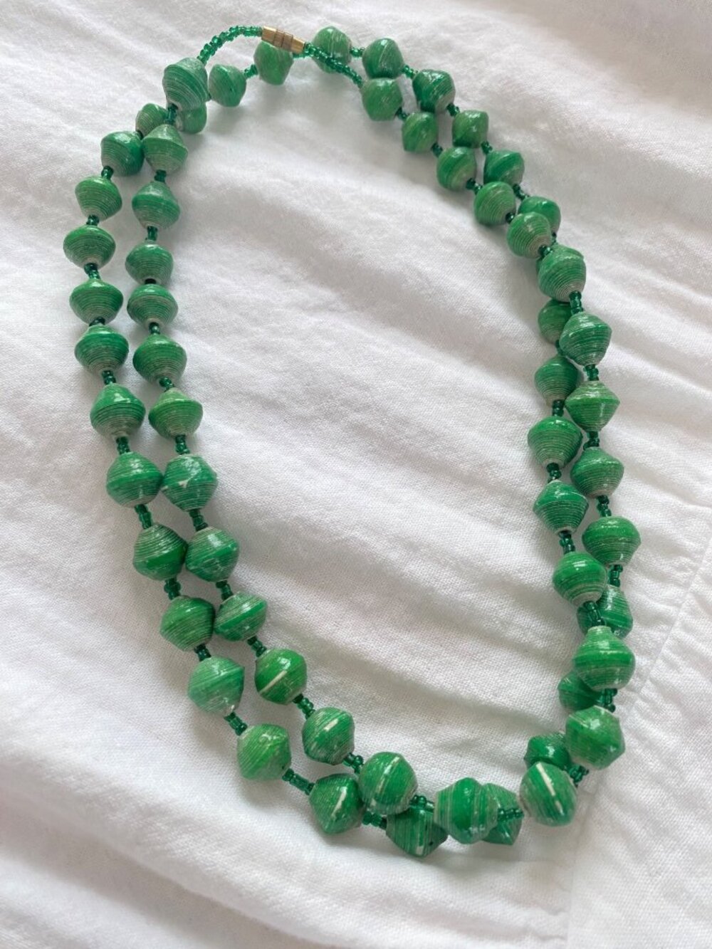 Handcrafted Green Paper Bead Necklace With Brass Clasp - 16"